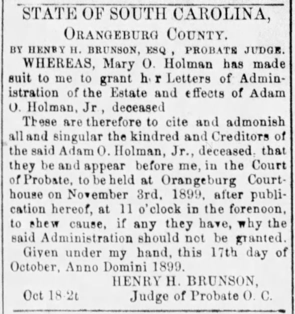 1899 Letters of Administration for Adam Osgood Holman Jr by wife Mary O Holman